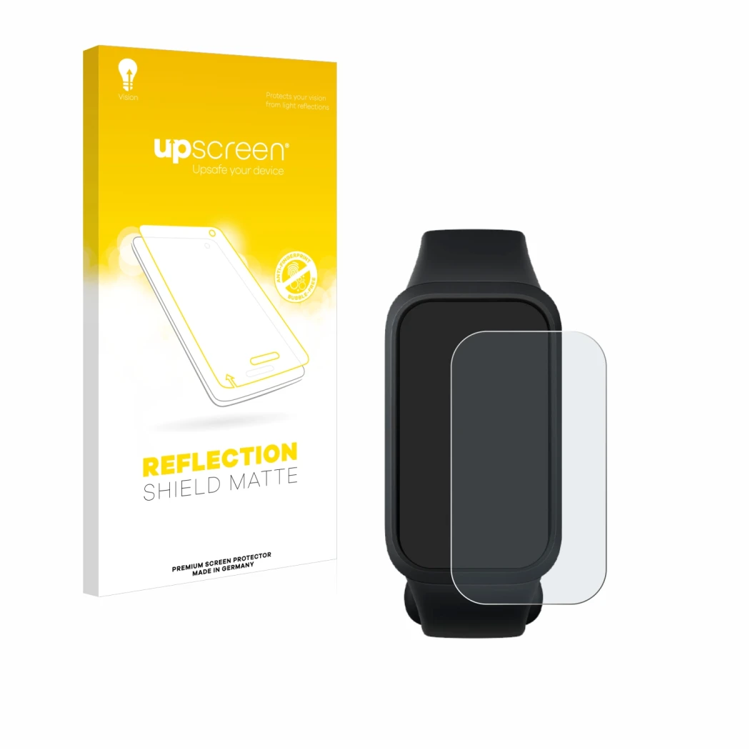 Parte frontale di una confezione del prodotto con il logo del marchio upscreen. Accanto è raffigurato il dispositivo Xiaomi Sm