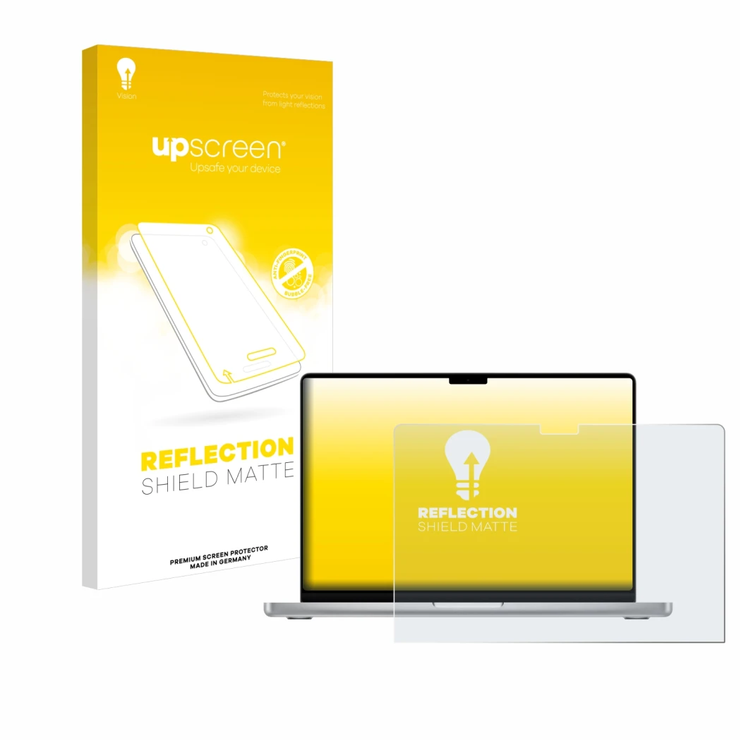 Parte frontale di una confezione del prodotto con il logo del marchio upscreen. Accanto è raffigurato il dispositivo Apple Mac