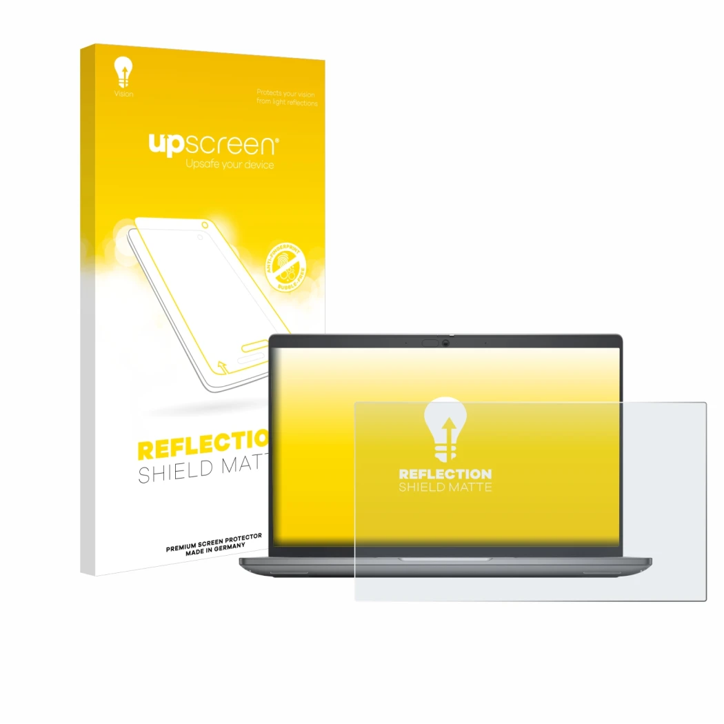 Parte frontale di una confezione del prodotto con il logo del marchio upscreen. Accanto è raffigurato il dispositivo Dell Lati