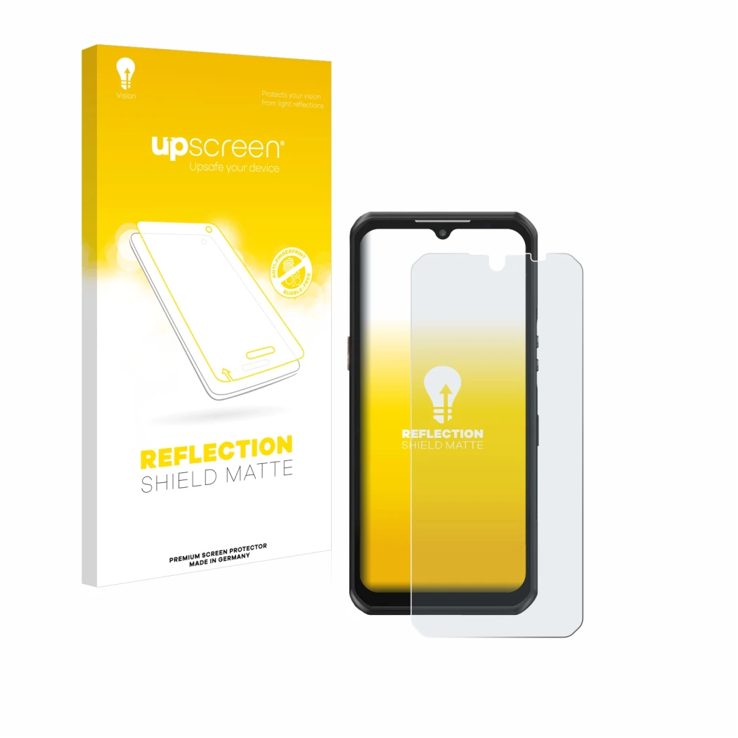 Parte frontale di una confezione del prodotto con il logo del marchio upscreen. Accanto è raffigurato il dispositivo Oukitel W