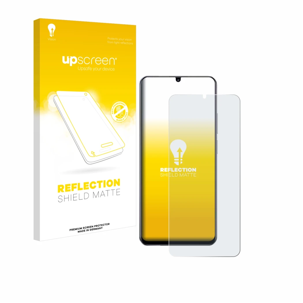 Parte frontale di una confezione del prodotto con il logo del marchio upscreen. Accanto è raffigurato il dispositivo realme No