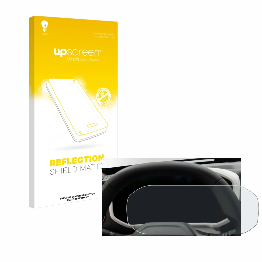 Parte frontale di una confezione del prodotto con il logo del marchio upscreen. Accanto è raffigurato il dispositivo Dacia Dus