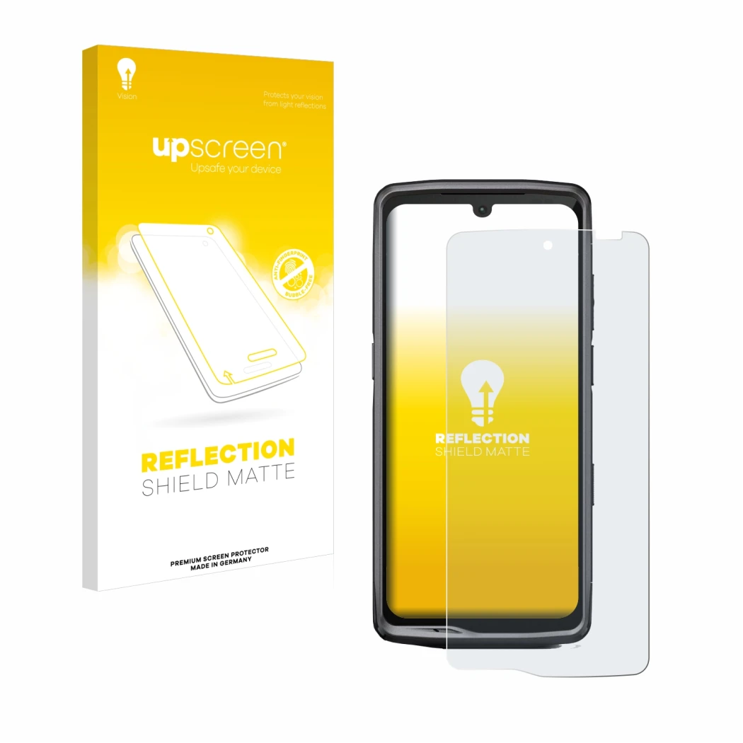 Parte frontale di una confezione del prodotto con il logo del marchio upscreen. Accanto è raffigurato il dispositivo Crosscall