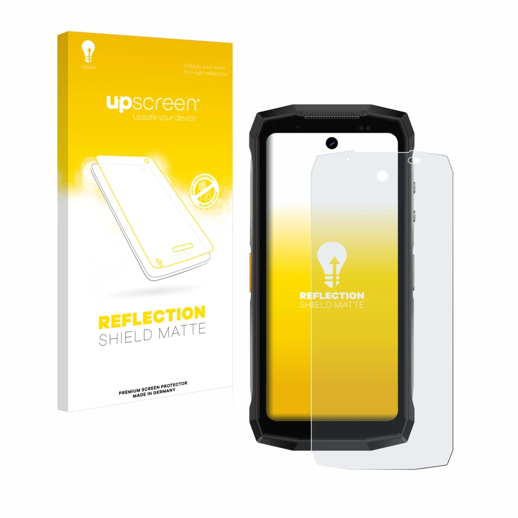 Parte frontale di una confezione del prodotto con il logo del marchio upscreen. Accanto è raffigurato il dispositivo Ulefone A