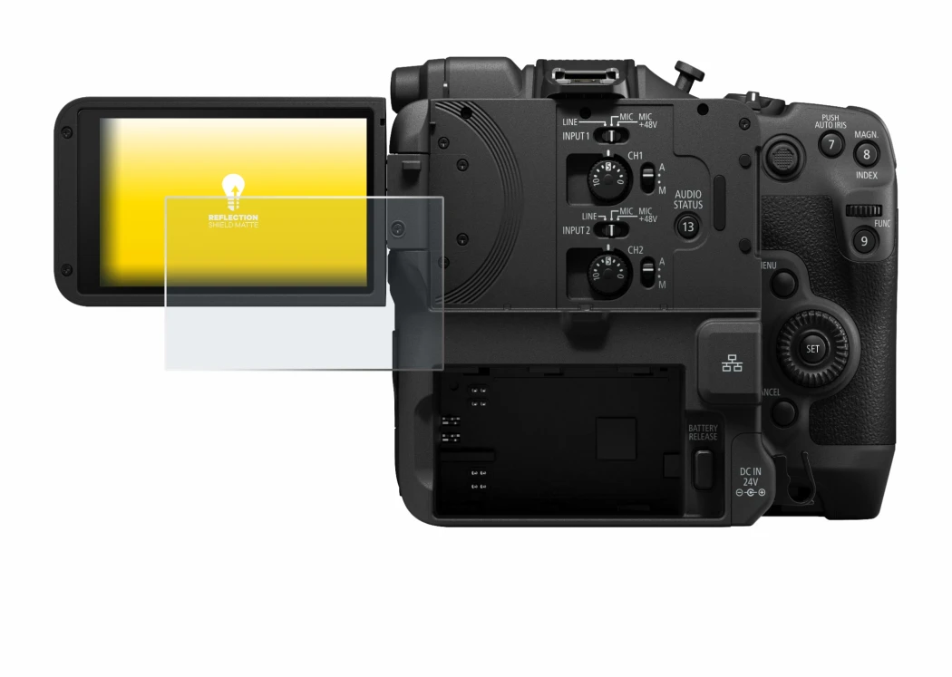 Immagine del dispositivo Canon EOS C400 con un'ampia varietà di protezioni per lo schermo.