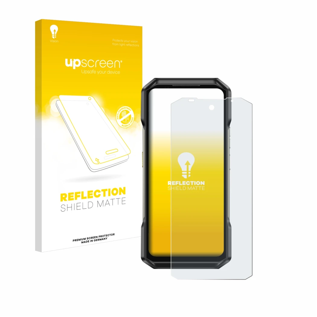 Parte frontale di una confezione del prodotto con il logo del marchio upscreen. Accanto è raffigurato il dispositivo Ulefone A