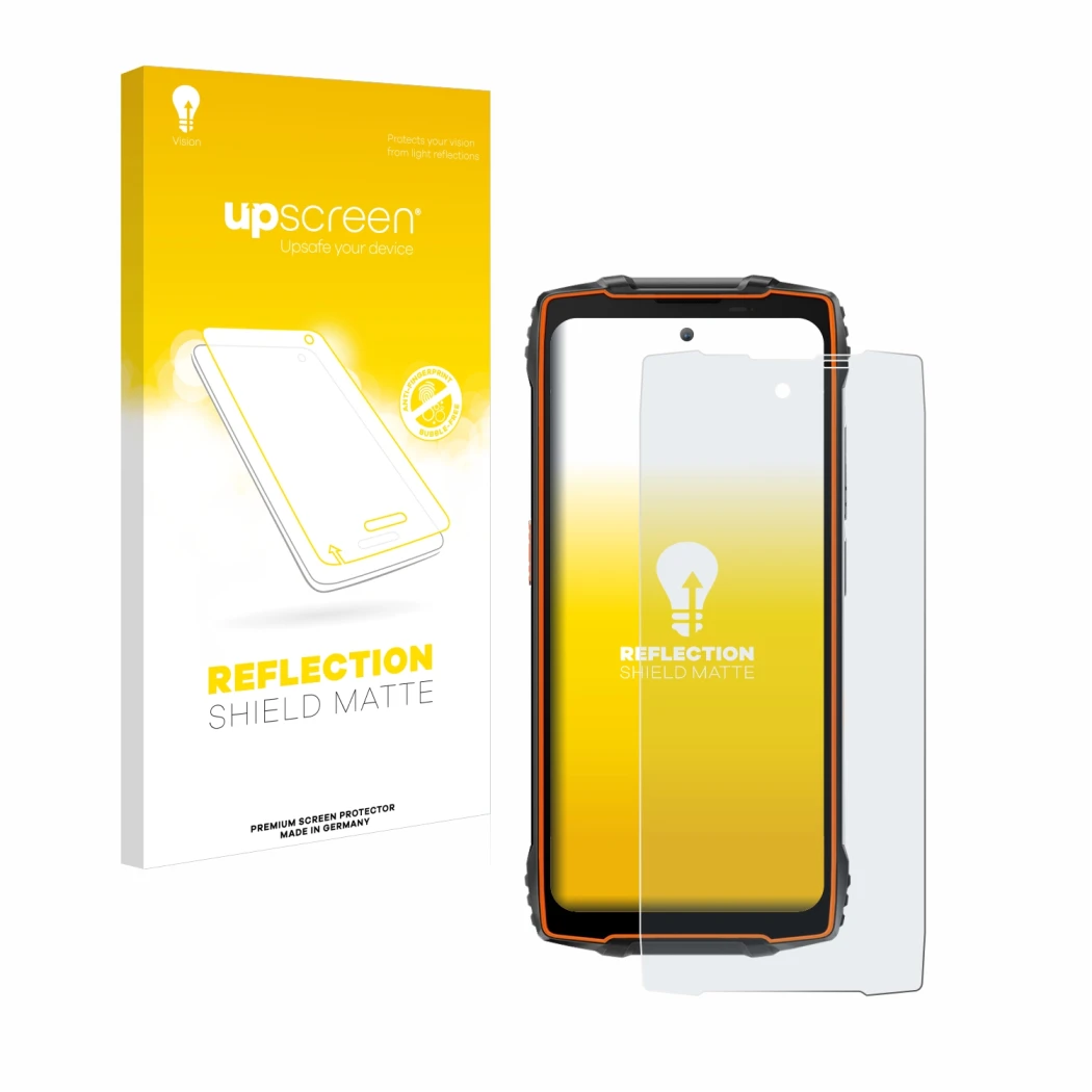 Parte frontale di una confezione del prodotto con il logo del marchio upscreen. Accanto è raffigurato il dispositivo Blackview