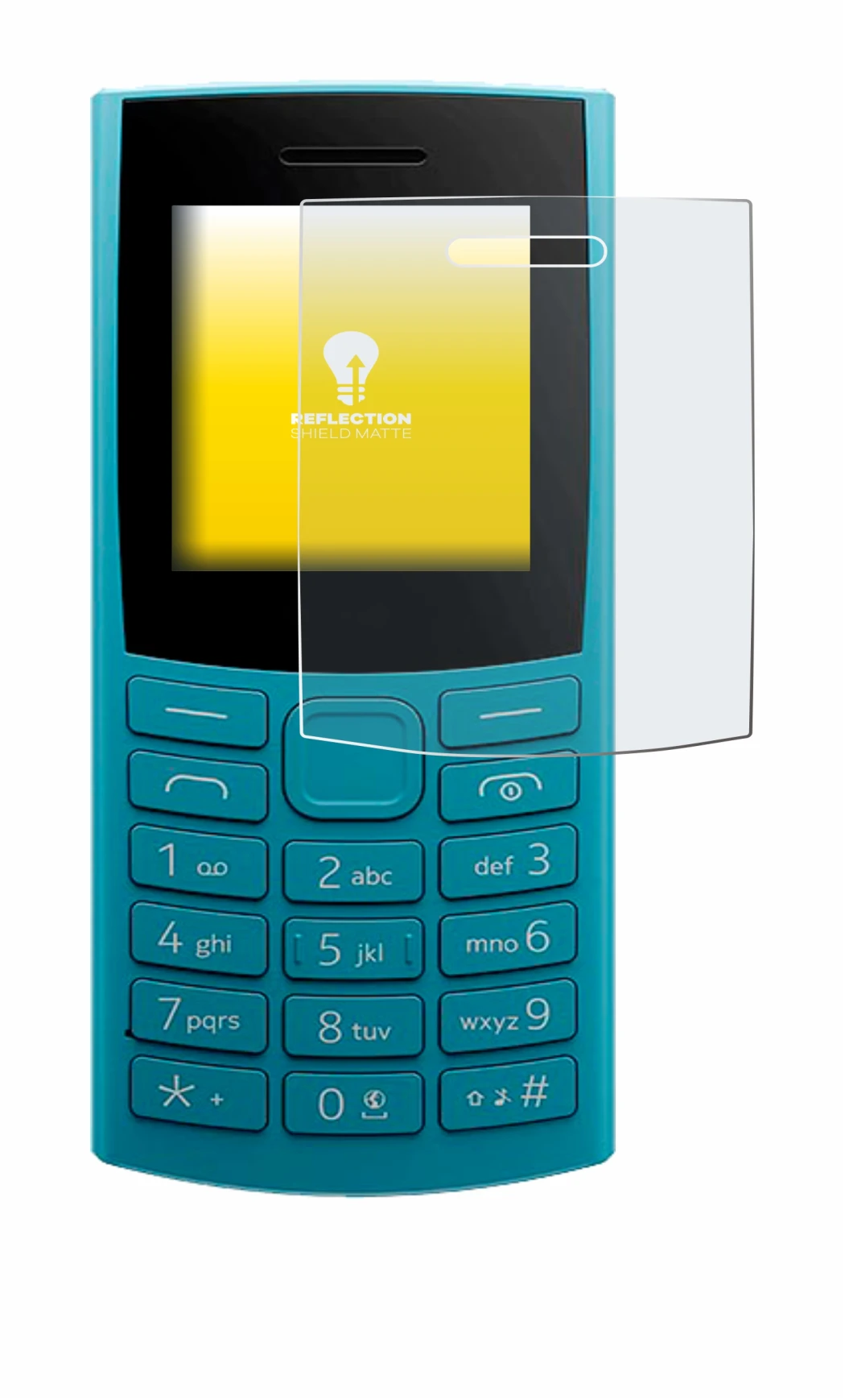 Immagine del dispositivo Nokia 105 4G 2nd Edition con un'ampia varietà di protezioni per lo schermo.