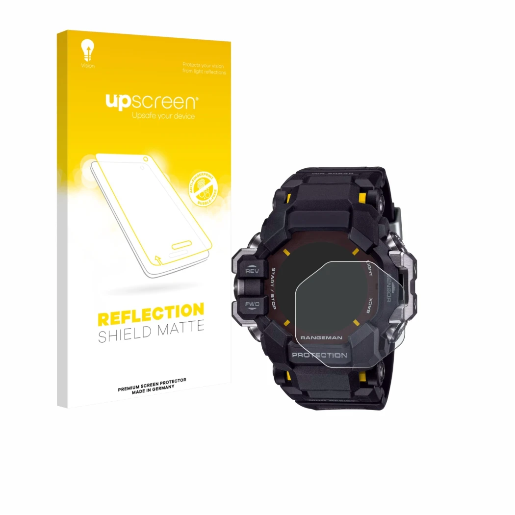 Parte frontale di una confezione del prodotto con il logo del marchio upscreen. Accanto è raffigurato il dispositivo Casio G-S