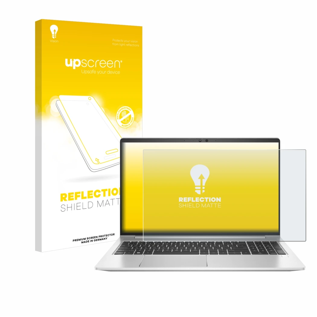 Parte frontale di una confezione del prodotto con il logo del marchio upscreen. Accanto è raffigurato il dispositivo HP EliteB