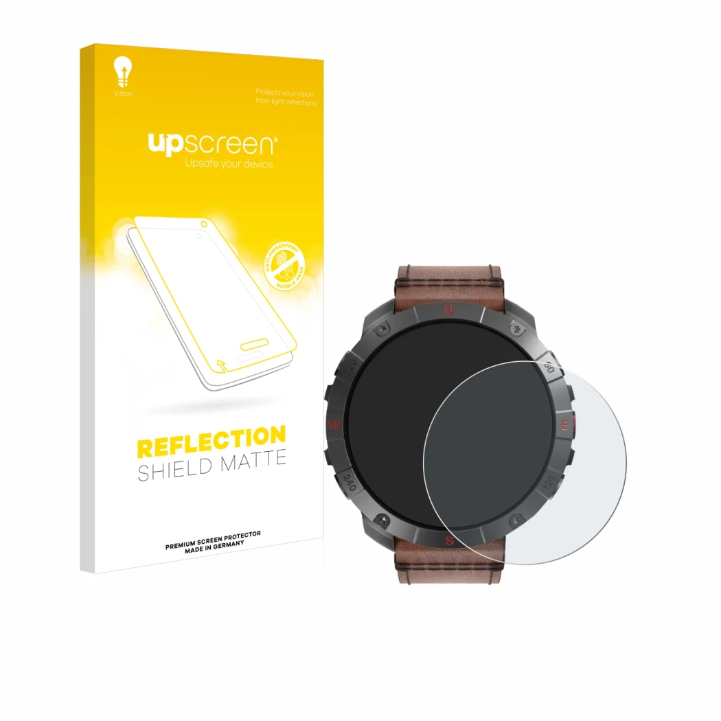 Parte frontale di una confezione del prodotto con il logo del marchio upscreen. Accanto è raffigurato il dispositivo Polar Gri