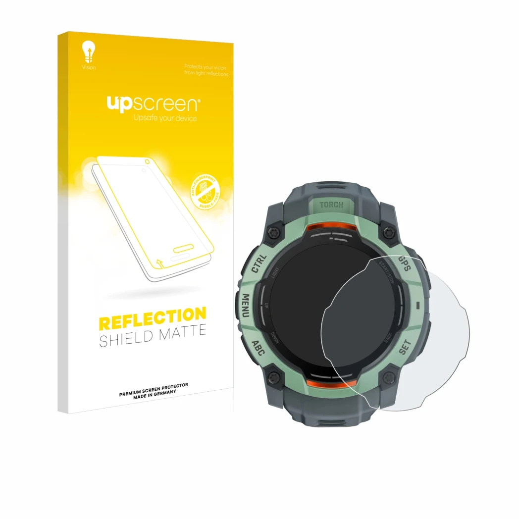 Parte frontale di una confezione del prodotto con il logo del marchio upscreen. Accanto è raffigurato il dispositivo Garmin In