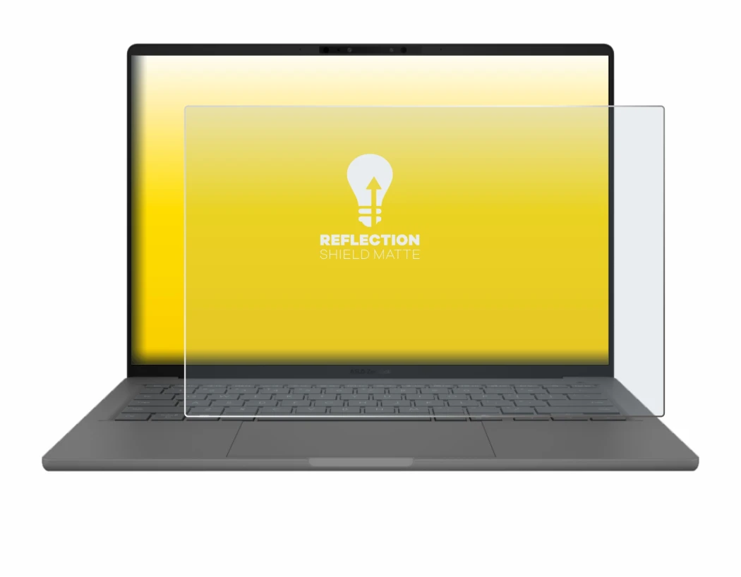 Immagine del dispositivo ASUS ZenBook A14 UX3407 con un'ampia varietà di protezioni per lo schermo.