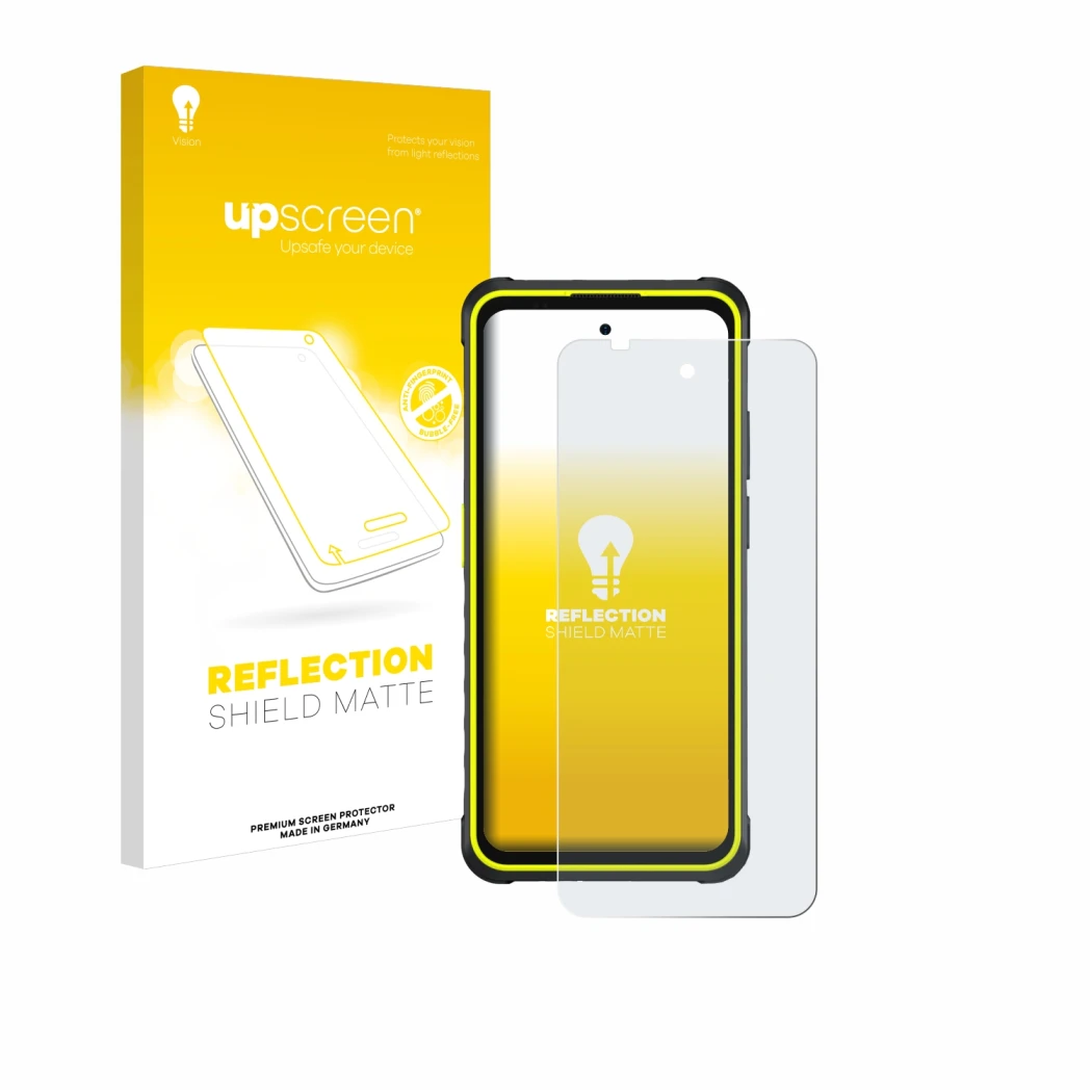 Parte frontale di una confezione del prodotto con il logo del marchio upscreen. Accanto è raffigurato il dispositivo Ulefone A