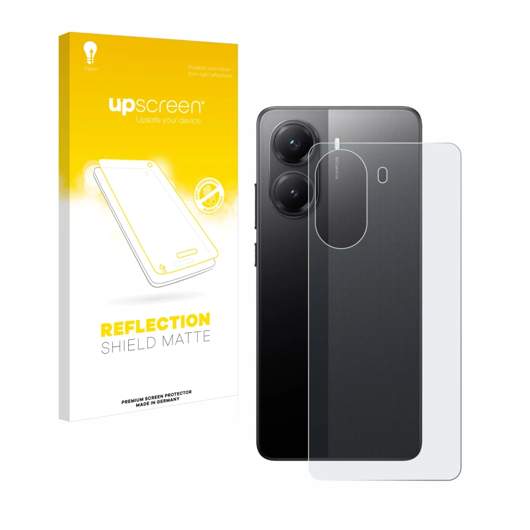 Parte frontale di una confezione del prodotto con il logo del marchio upscreen. Accanto è raffigurato il dispositivo Xiaomi Po