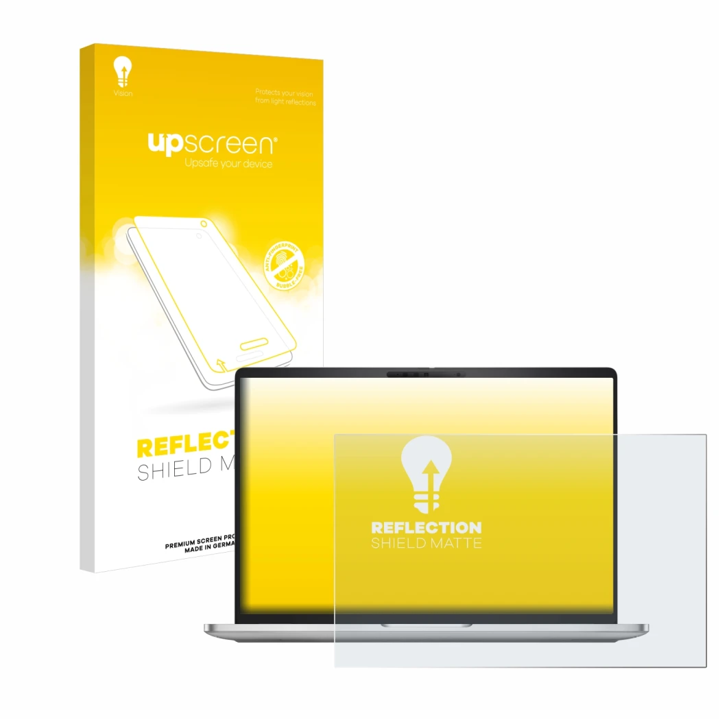 Parte frontale di una confezione del prodotto con il logo del marchio upscreen. Accanto è raffigurato il dispositivo Dell Pro 