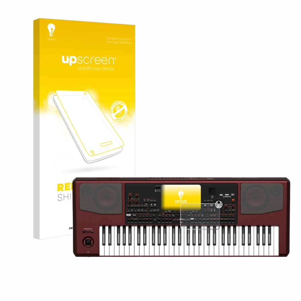 Parte frontale di una confezione del prodotto con il logo del marchio upscreen. Accanto è raffigurato il dispositivo KORG Pa70