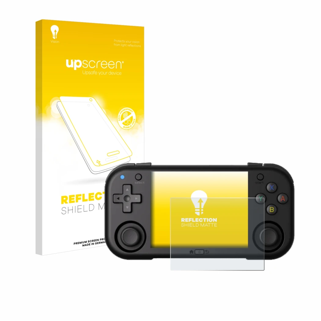 Parte frontale di una confezione del prodotto con il logo del marchio upscreen. Accanto è raffigurato il dispositivo Magicx Mi