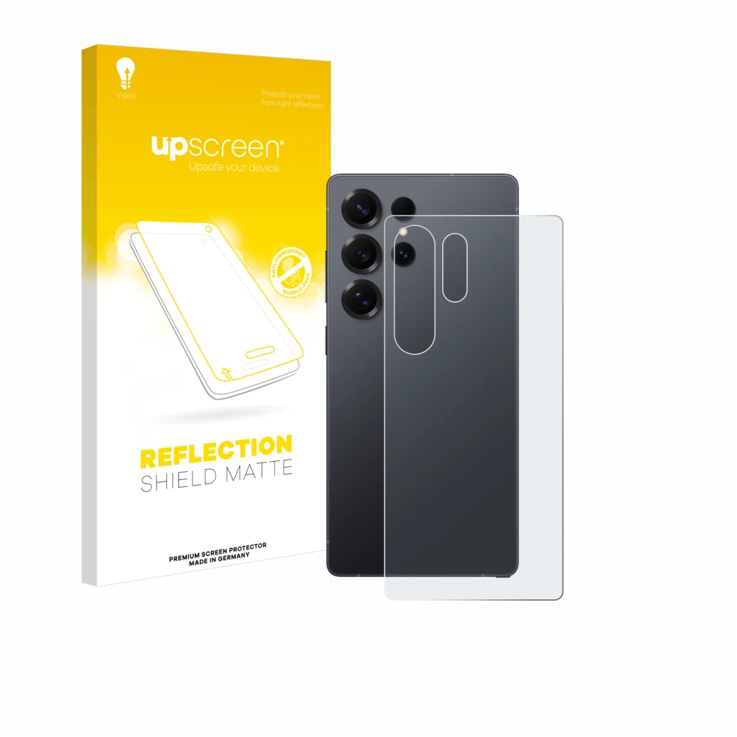 Parte frontale di una confezione del prodotto con il logo del marchio upscreen. Accanto è raffigurato il dispositivo Samsung G