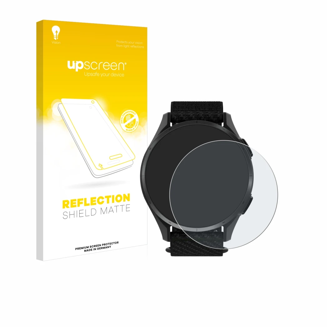 Parte frontale di una confezione del prodotto con il logo del marchio upscreen. Accanto è raffigurato il dispositivo Garmin Ap