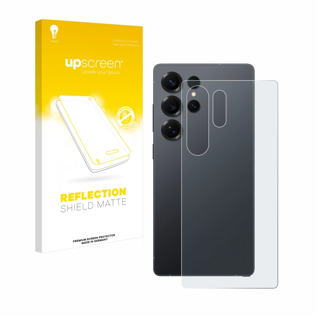 Parte frontale di una confezione del prodotto con il logo del marchio upscreen. Accanto è raffigurato il dispositivo Samsung G