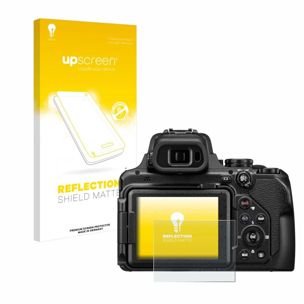 Parte frontale di una confezione del prodotto con il logo del marchio upscreen. Accanto è raffigurato il dispositivo Nikon Coo
