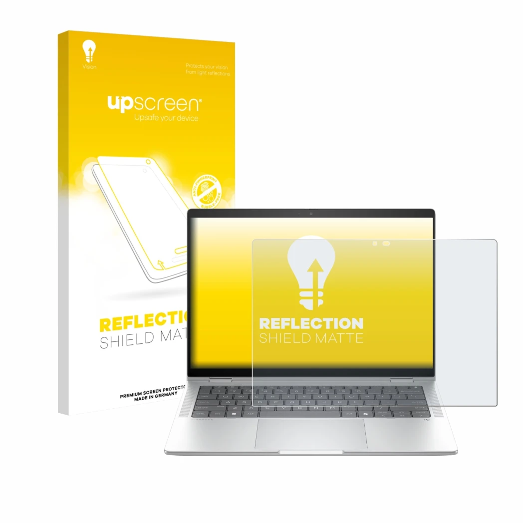 Parte frontale di una confezione del prodotto con il logo del marchio upscreen. Accanto è raffigurato il dispositivo HP EliteB