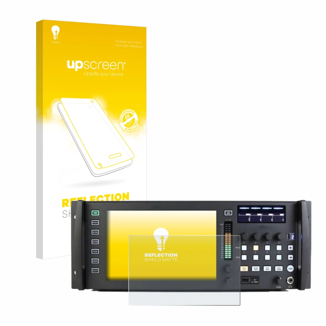 Parte frontale di una confezione del prodotto con il logo del marchio upscreen. Accanto è raffigurato il dispositivo Behringer
