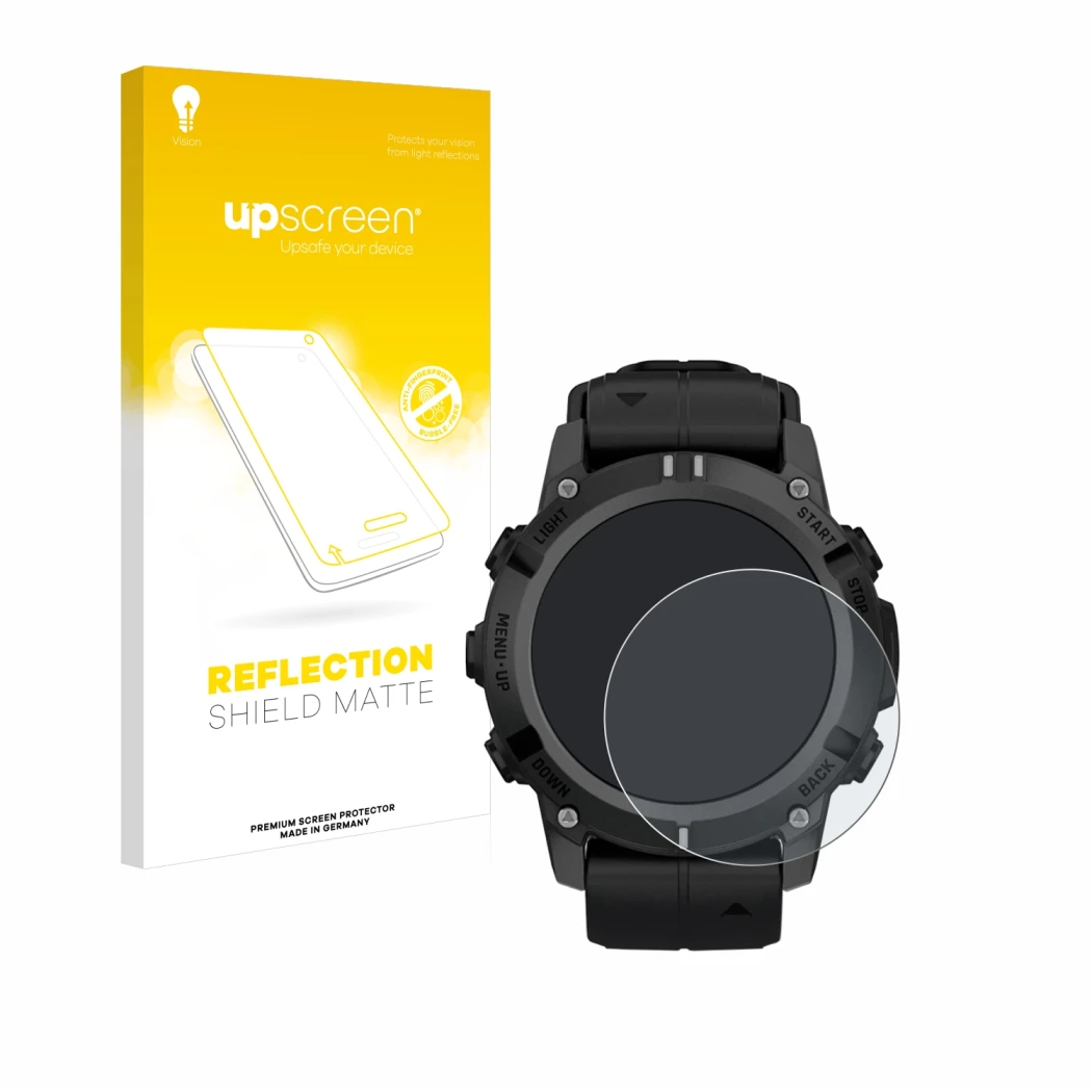Parte frontale di una confezione del prodotto con il logo del marchio upscreen. Accanto è raffigurato il dispositivo Garmin De