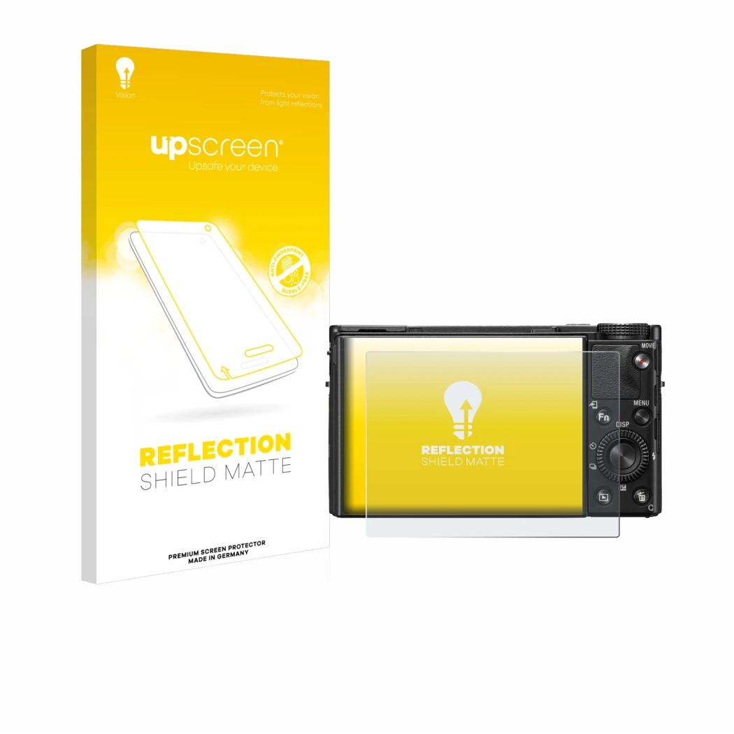 Parte frontale di una confezione del prodotto con il logo del marchio upscreen. Accanto è raffigurato il dispositivo Sony Cybe