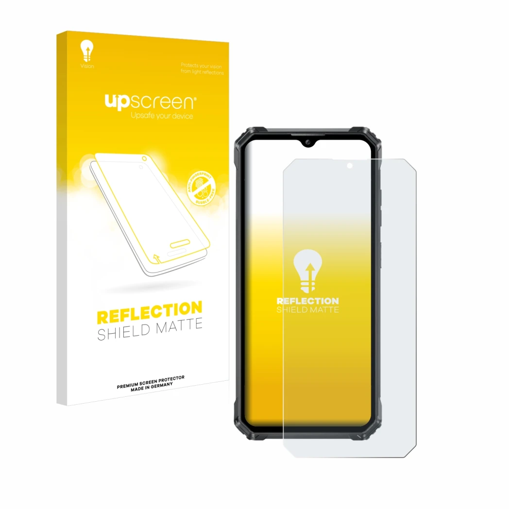 Parte frontale di una confezione del prodotto con il logo del marchio upscreen. Accanto è raffigurato il dispositivo Oukitel G