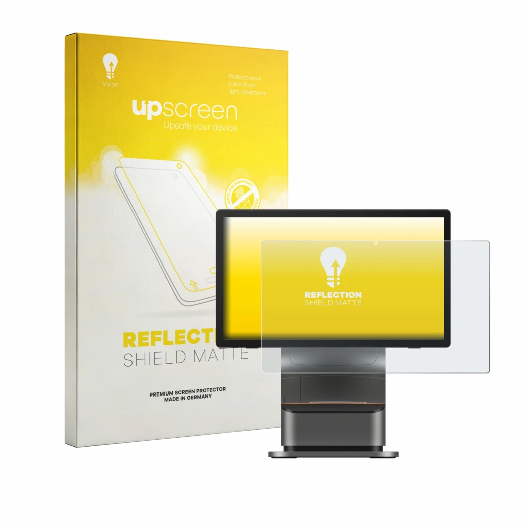 Parte frontale di una confezione del prodotto con il logo del marchio upscreen. Accanto è raffigurato il dispositivo Sunmi T3