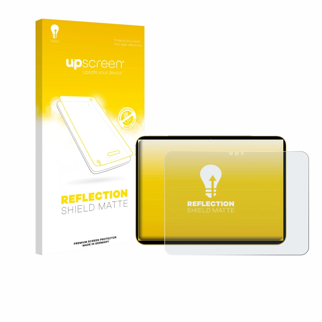 Parte frontale di una confezione del prodotto con il logo del marchio upscreen. Accanto è raffigurato il dispositivo Apple iPa