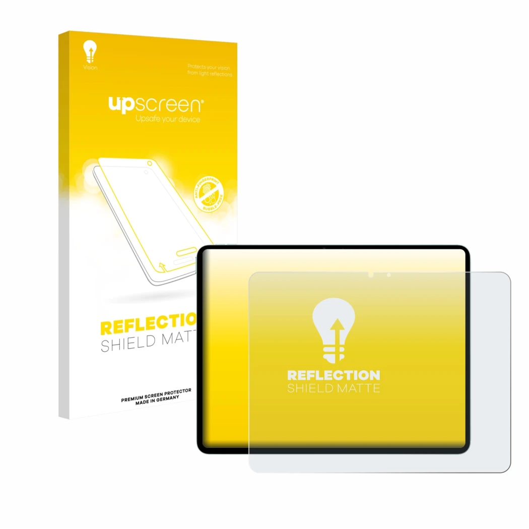 Parte frontale di una confezione del prodotto con il logo del marchio upscreen. Accanto è raffigurato il dispositivo Apple iPa