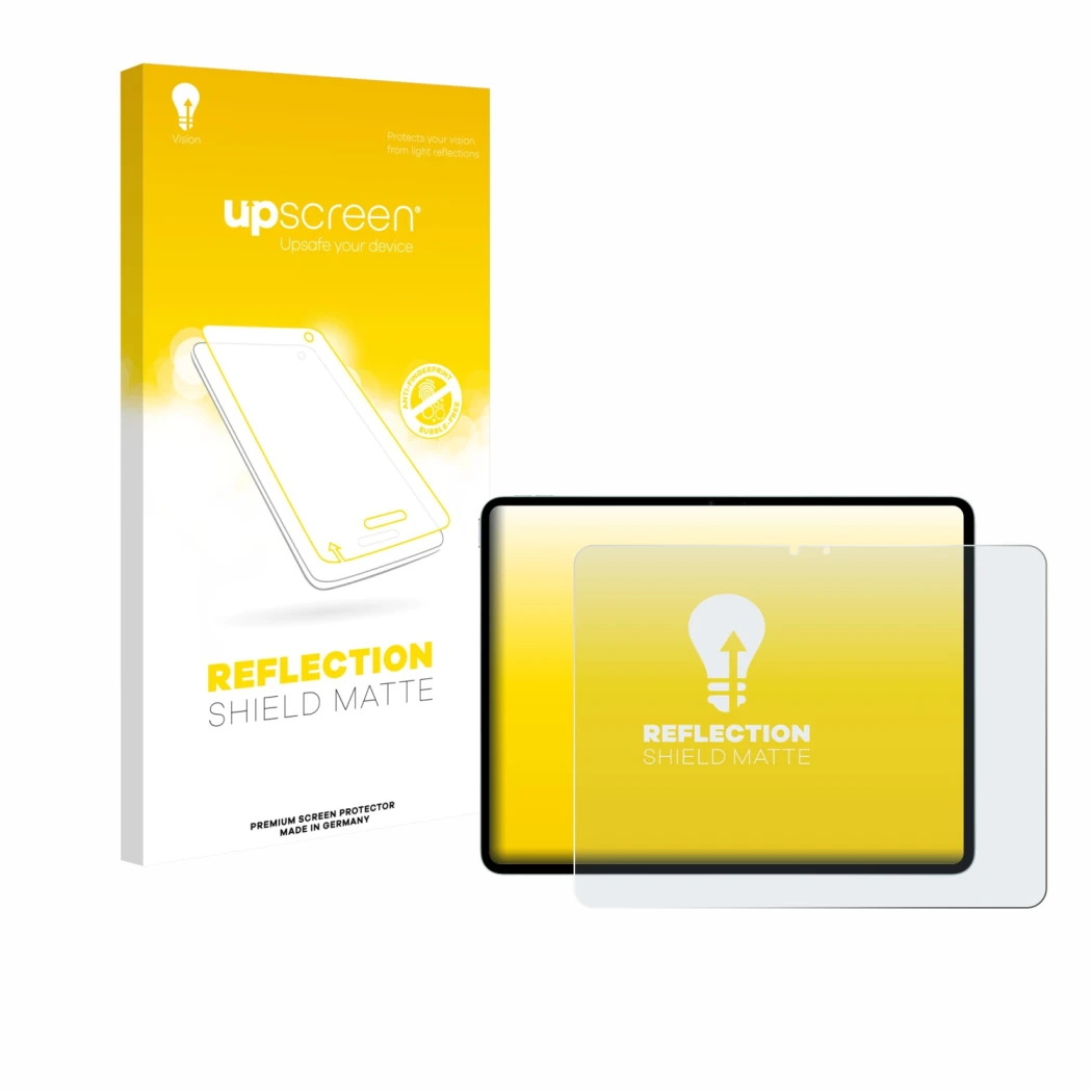 Parte frontale di una confezione del prodotto con il logo del marchio upscreen. Accanto è raffigurato il dispositivo Apple iPa