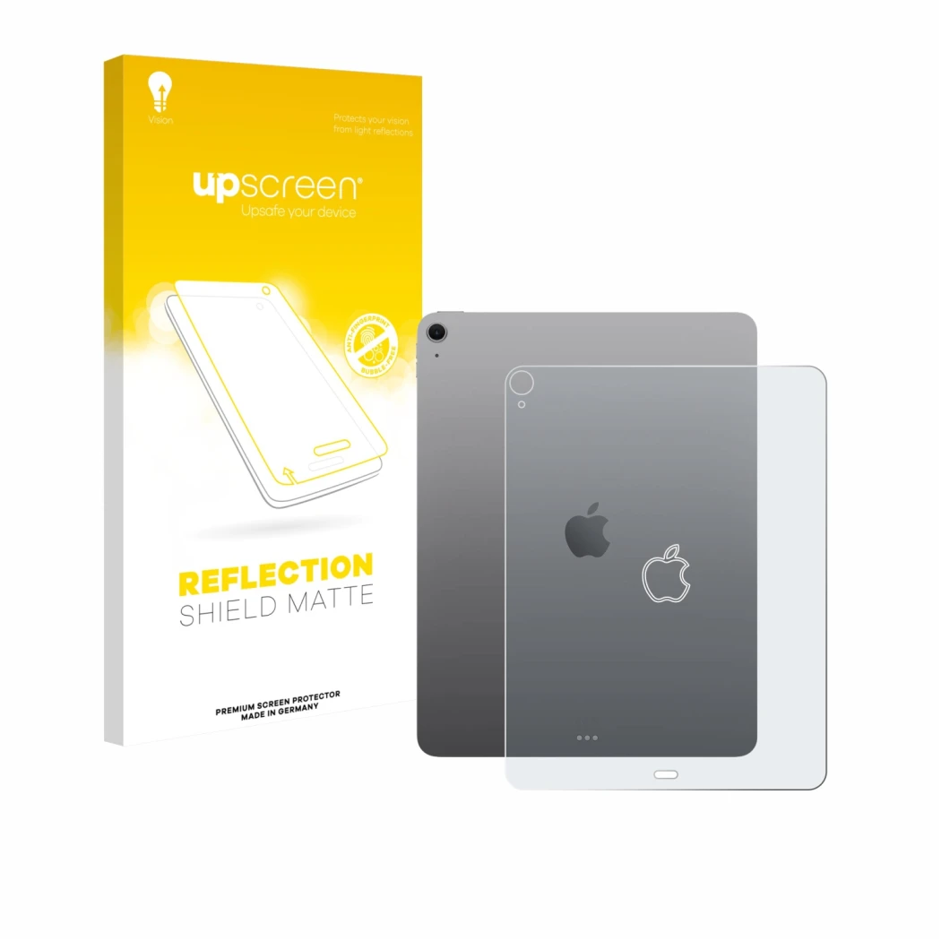 Parte frontale di una confezione del prodotto con il logo del marchio upscreen. Accanto è raffigurato il dispositivo Apple iPa