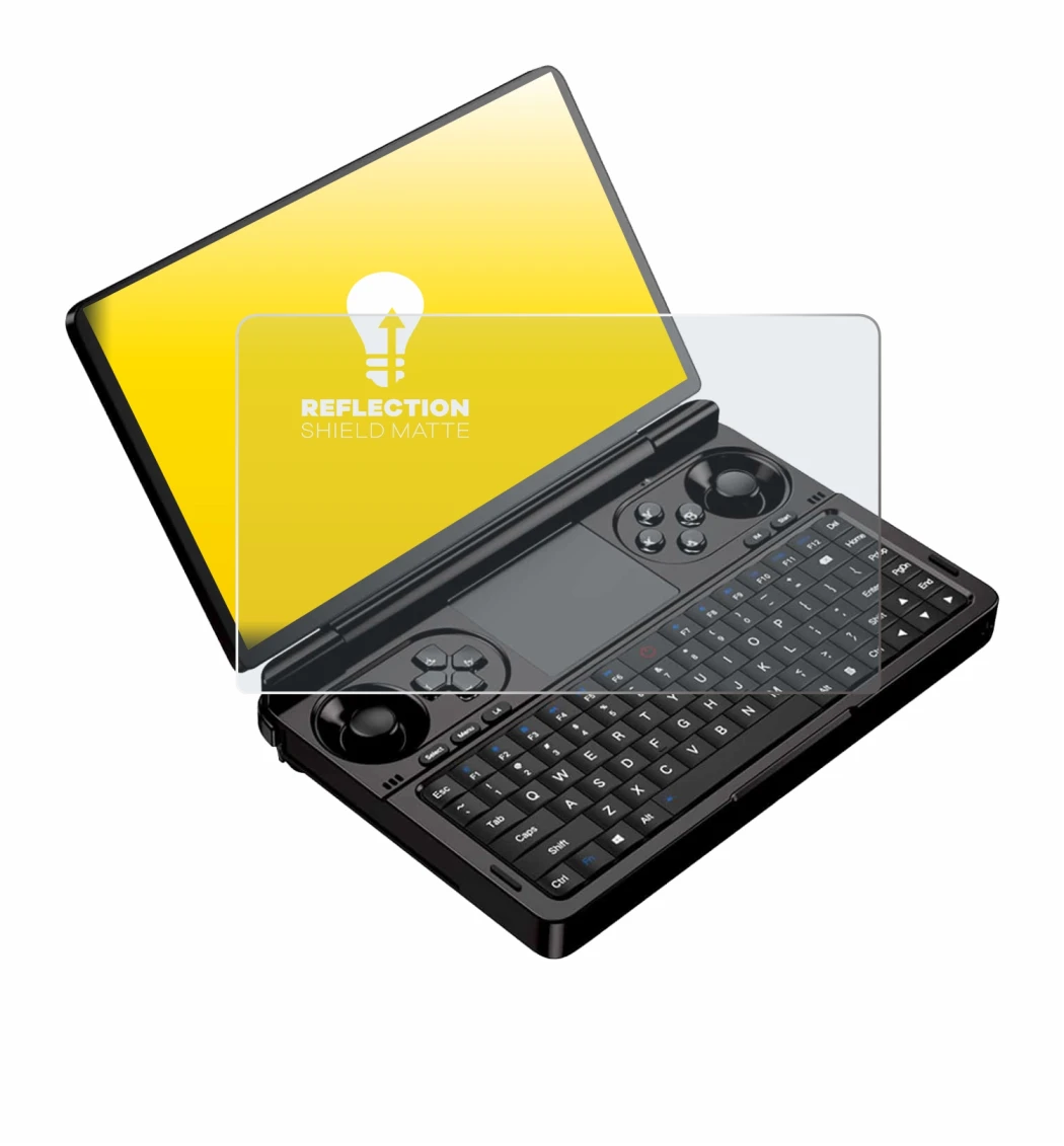 Immagine del dispositivo GPD Win Mini (2025) con un'ampia varietà di protezioni per lo schermo.