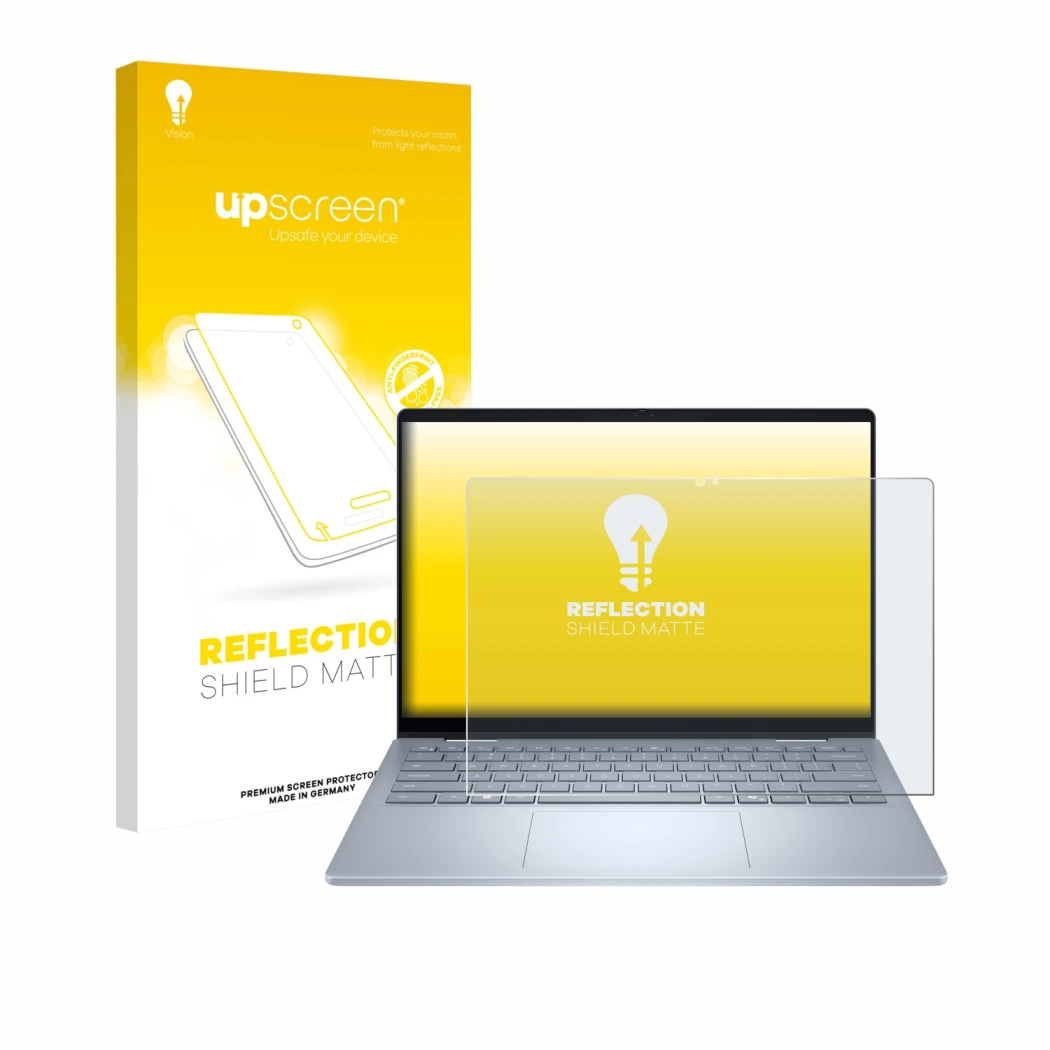 Parte frontale di una confezione del prodotto con il logo del marchio upscreen. Accanto è raffigurato il dispositivo Dell 14 P