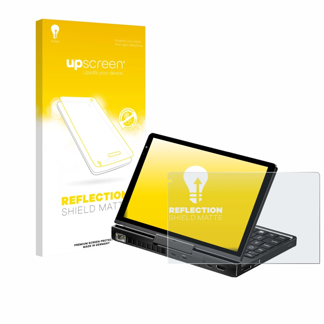 Parte frontale di una confezione del prodotto con il logo del marchio upscreen. Accanto è raffigurato il dispositivo GPD Pocke