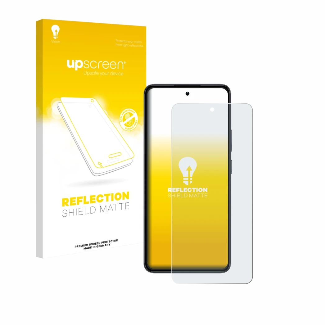 Parte frontale di una confezione del prodotto con il logo del marchio upscreen. Accanto è raffigurato il dispositivo realme 14