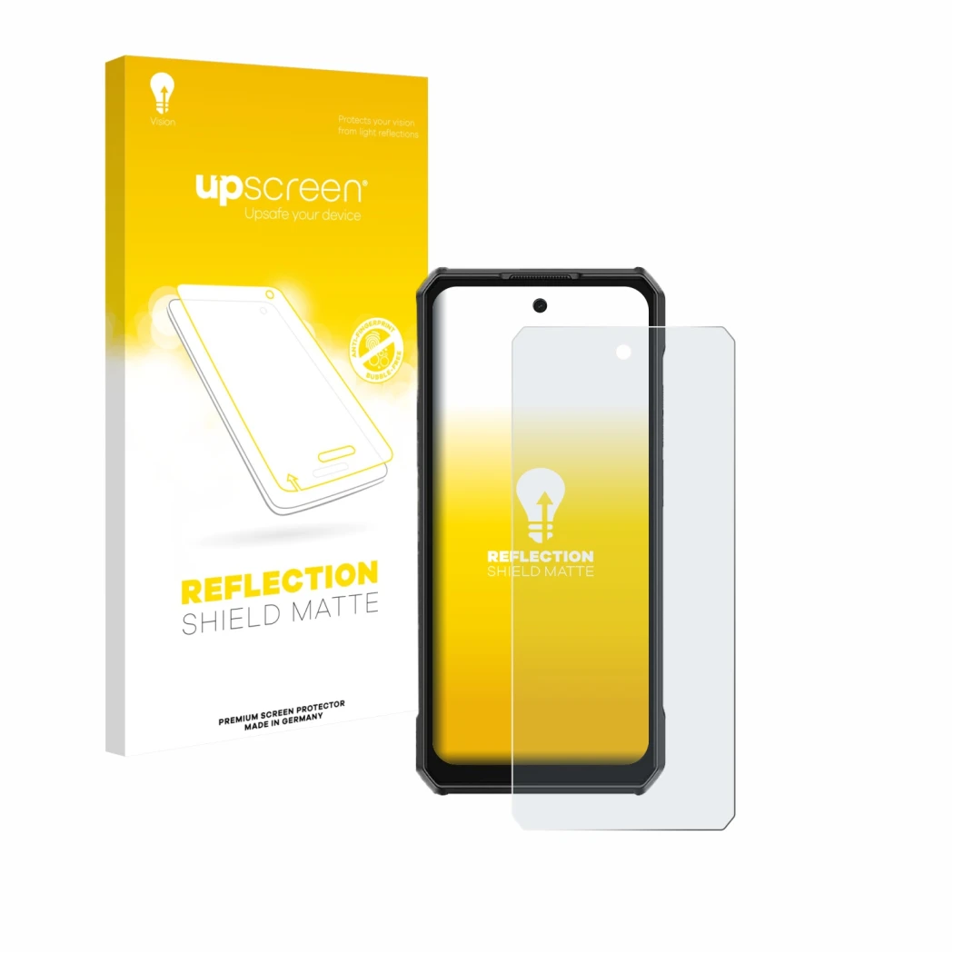 Parte frontale di una confezione del prodotto con il logo del marchio upscreen. Accanto è raffigurato il dispositivo Ulefone A