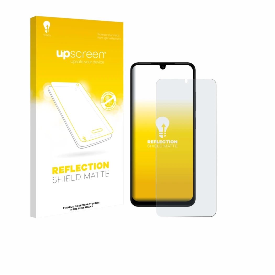 Parte frontale di una confezione del prodotto con il logo del marchio upscreen. Accanto è raffigurato il dispositivo Xiaomi Re