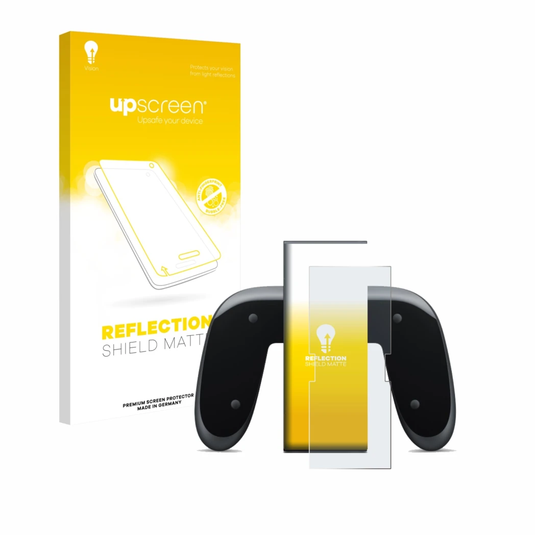 Parte frontale di una confezione del prodotto con il logo del marchio upscreen. Accanto è raffigurato il dispositivo Nintendo 