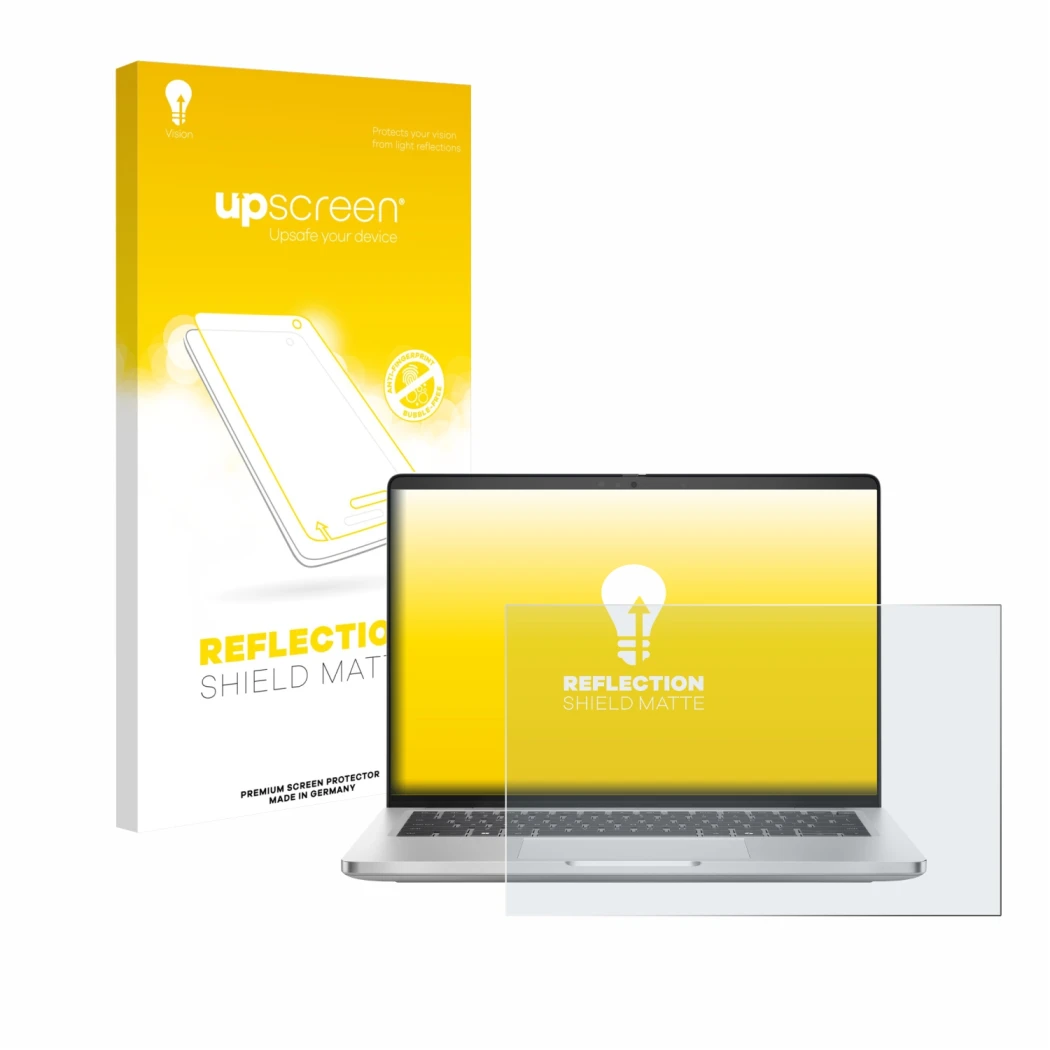 Parte frontale di una confezione del prodotto con il logo del marchio upscreen. Accanto è raffigurato il dispositivo Dell Pro 