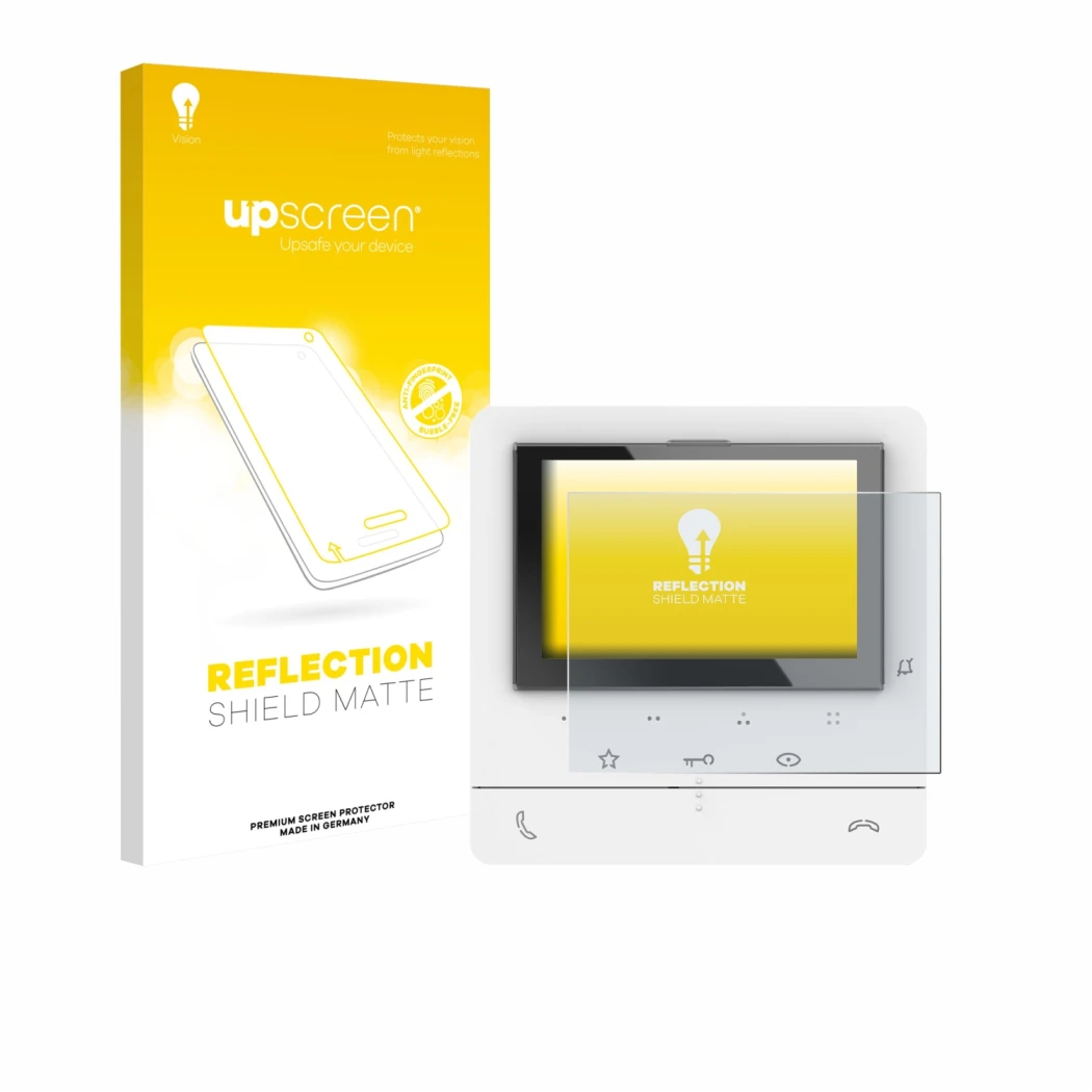 Parte frontale di una confezione del prodotto con il logo del marchio upscreen. Accanto è raffigurato il dispositivo Biticino 