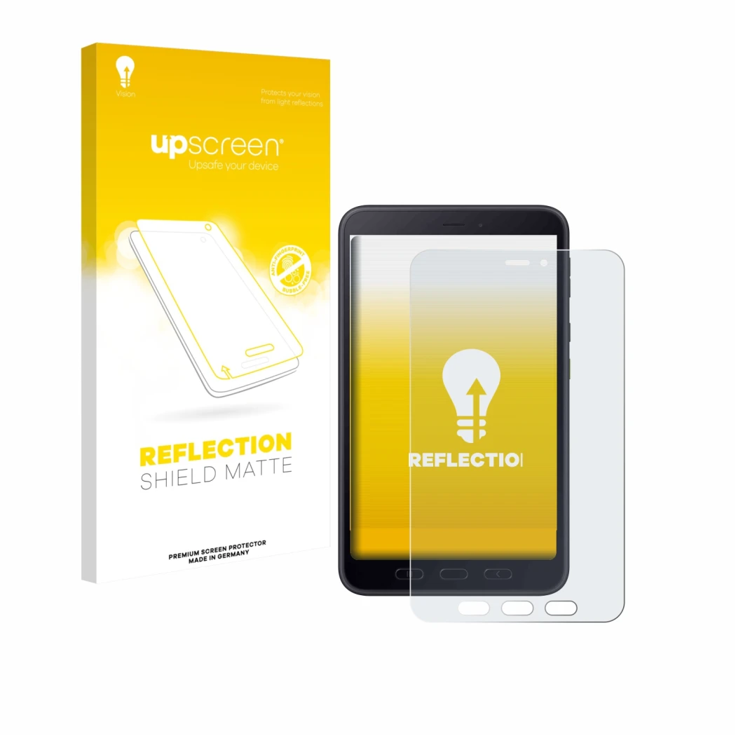 Parte frontale di una confezione del prodotto con il logo del marchio upscreen. Accanto è raffigurato il dispositivo Samsung g