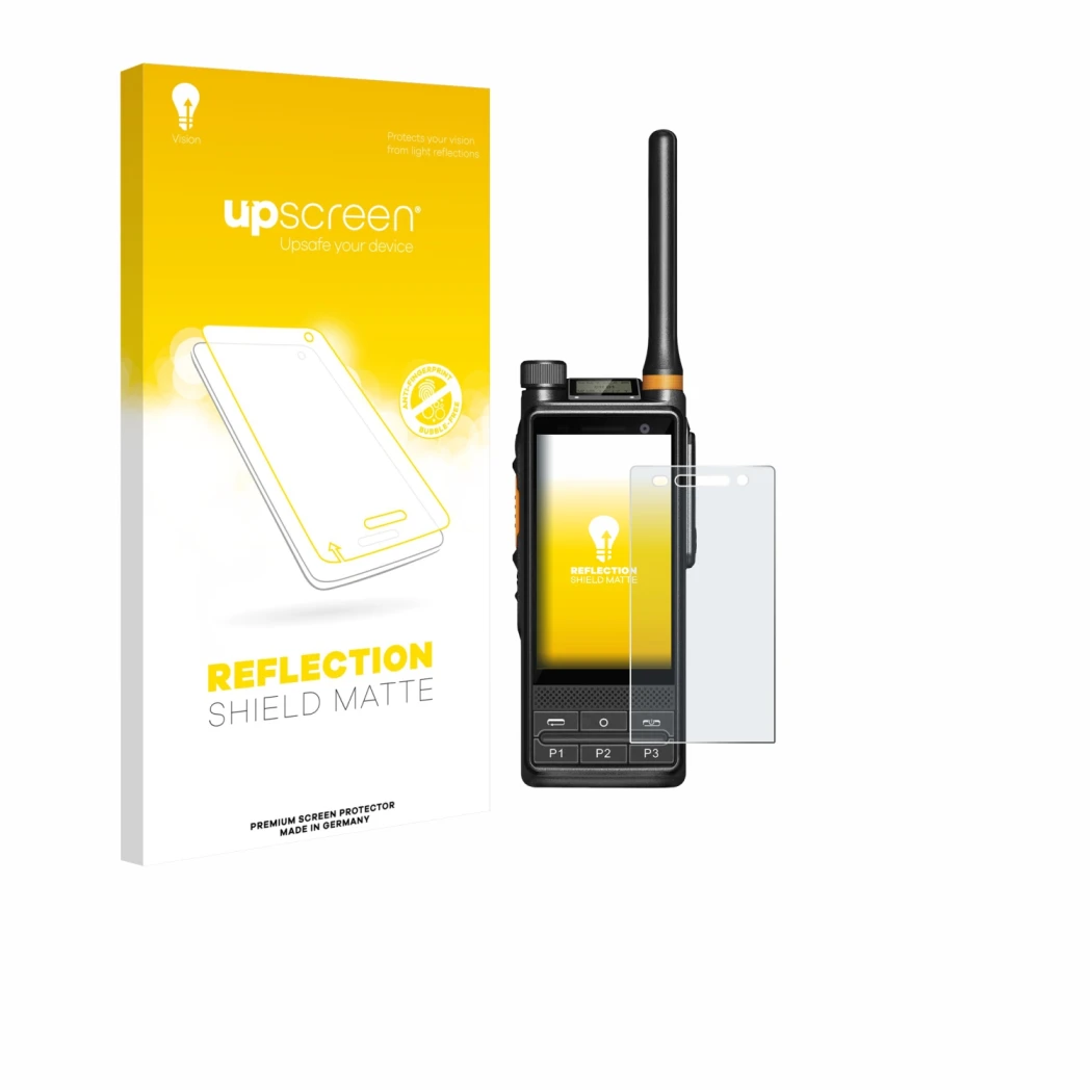 Parte frontale di una confezione del prodotto con il logo del marchio upscreen. Accanto è raffigurato il dispositivo Hytera PD