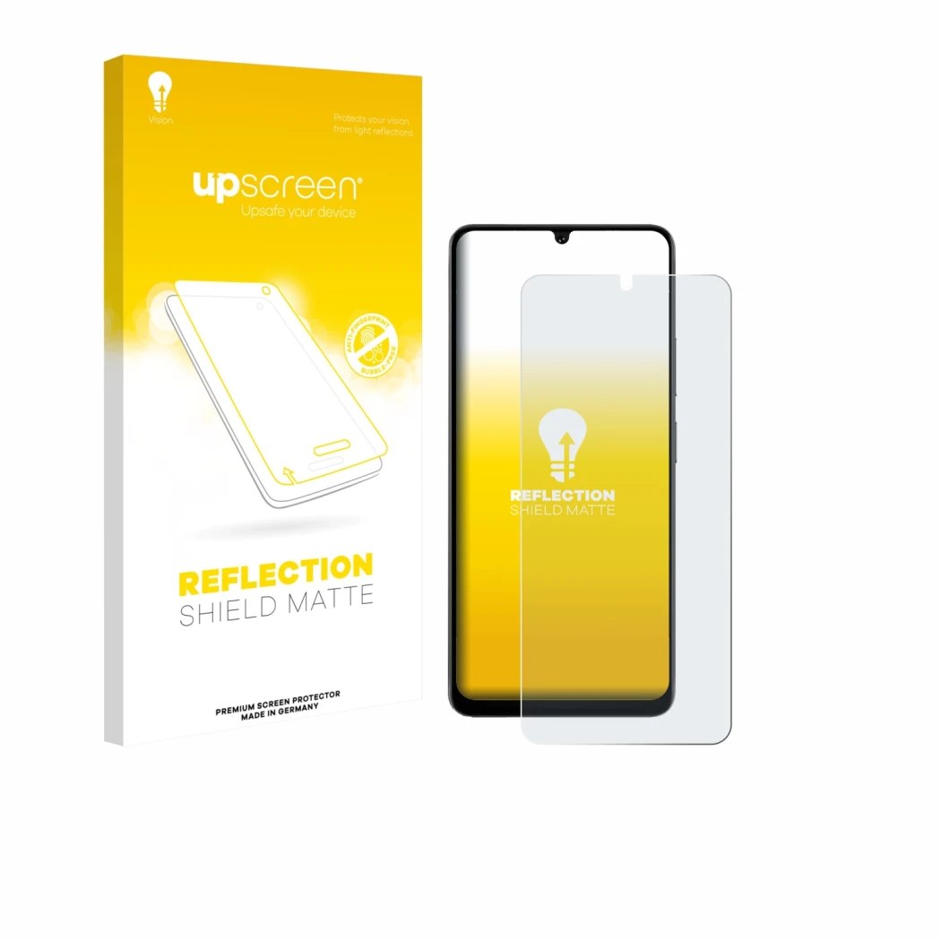 Parte frontale di una confezione del prodotto con il logo del marchio upscreen. Accanto è raffigurato il dispositivo Doogee No