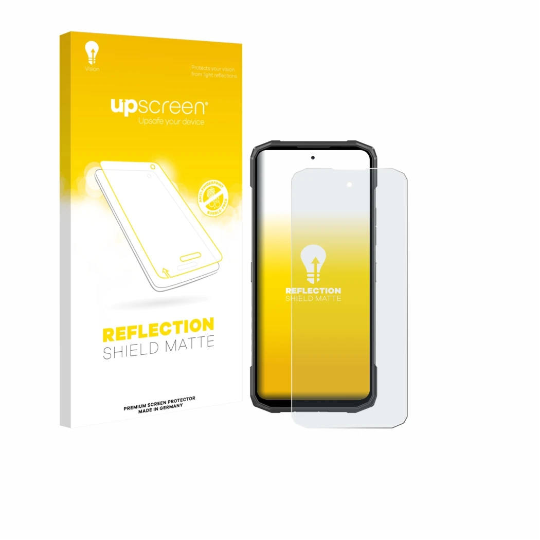 Parte frontale di una confezione del prodotto con il logo del marchio upscreen. Accanto è raffigurato il dispositivo Doogee Bl