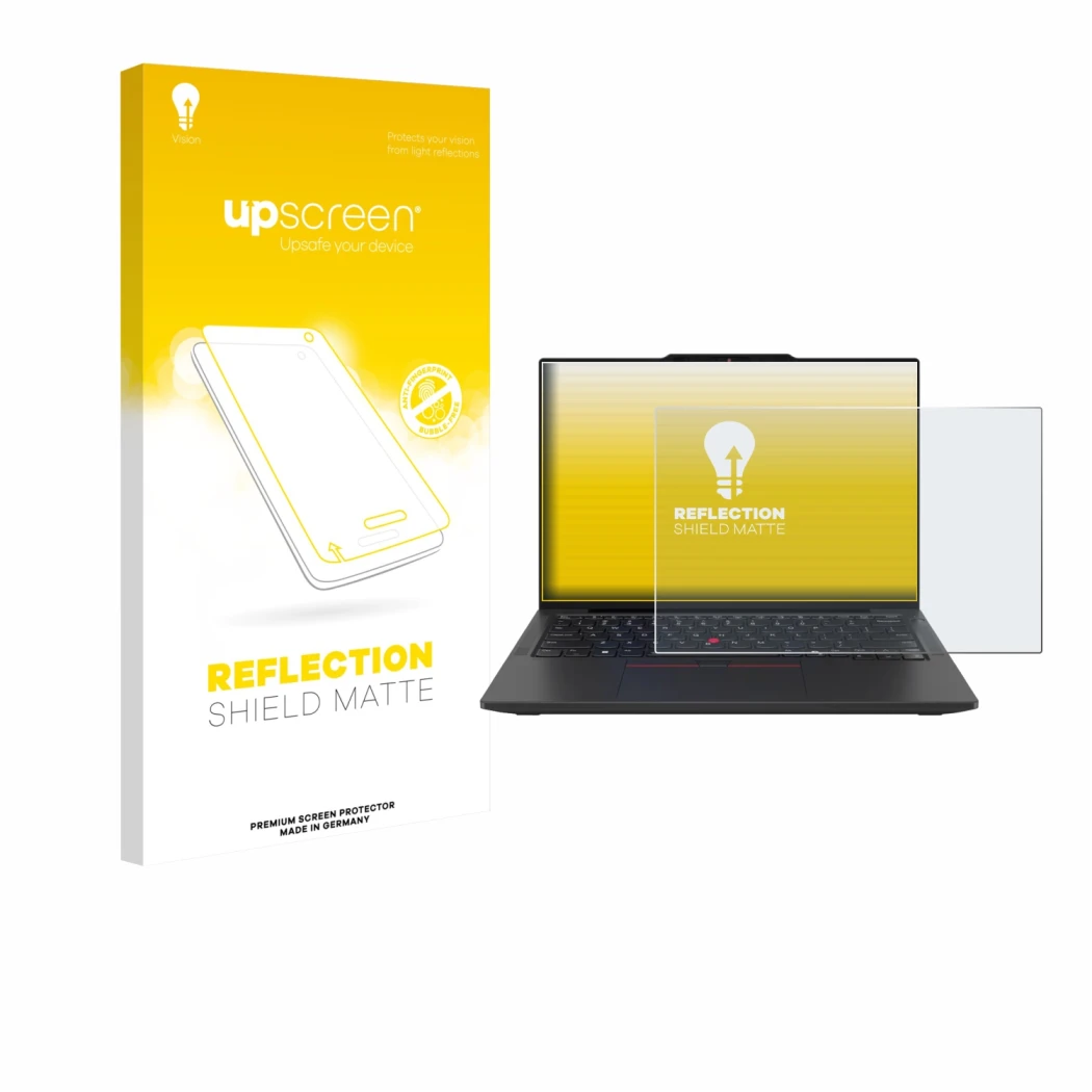 Parte frontale di una confezione del prodotto con il logo del marchio upscreen. Accanto è raffigurato il dispositivo Lenovo Th